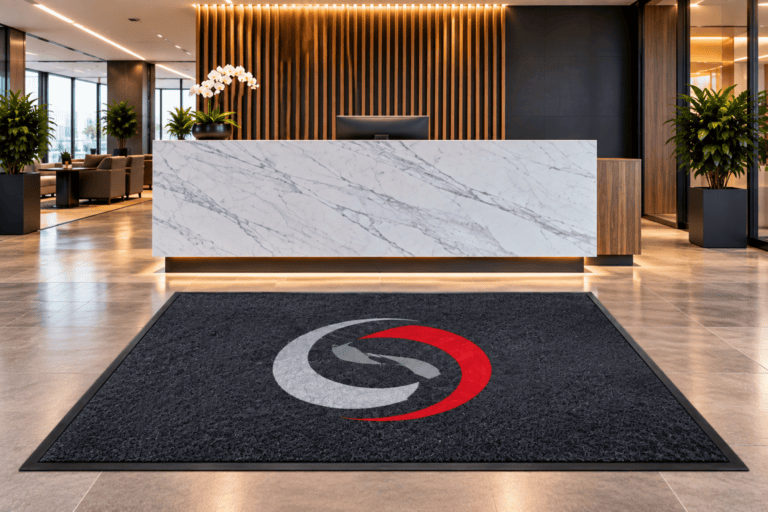 Custom branded mats displaying a business logo